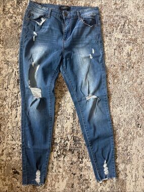 ENJEAN Women's Dark Blue Distressed Skinny Jeans